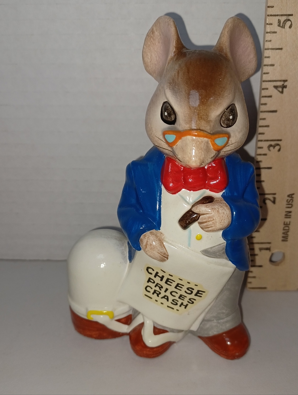 Vintage Glass Gentleman Mouse Figurine in Blue Jacket and Red Bow Holding Cigar